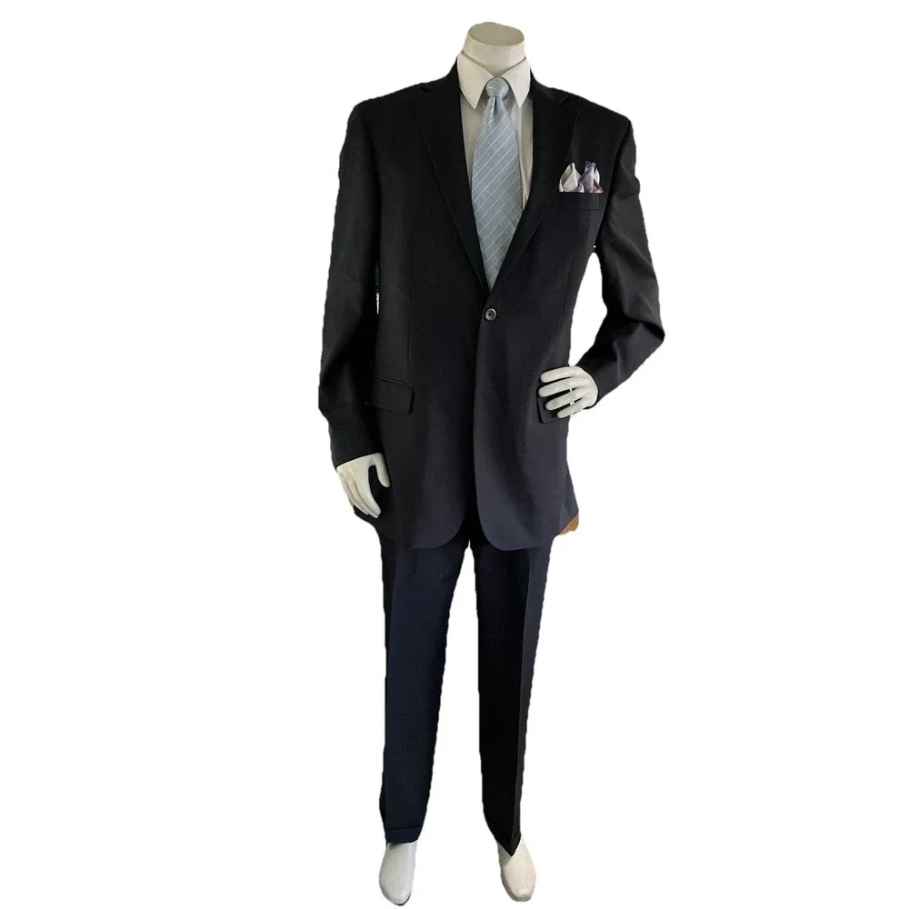 Geoffrey Beene Mens Suit Jacket Pants Black 100% Wool 46L 36x31